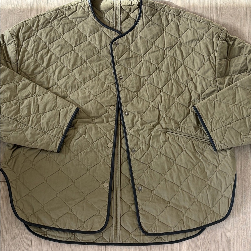 Quilted Olive Green Jacket with Black Trim - Picture 2 of 7